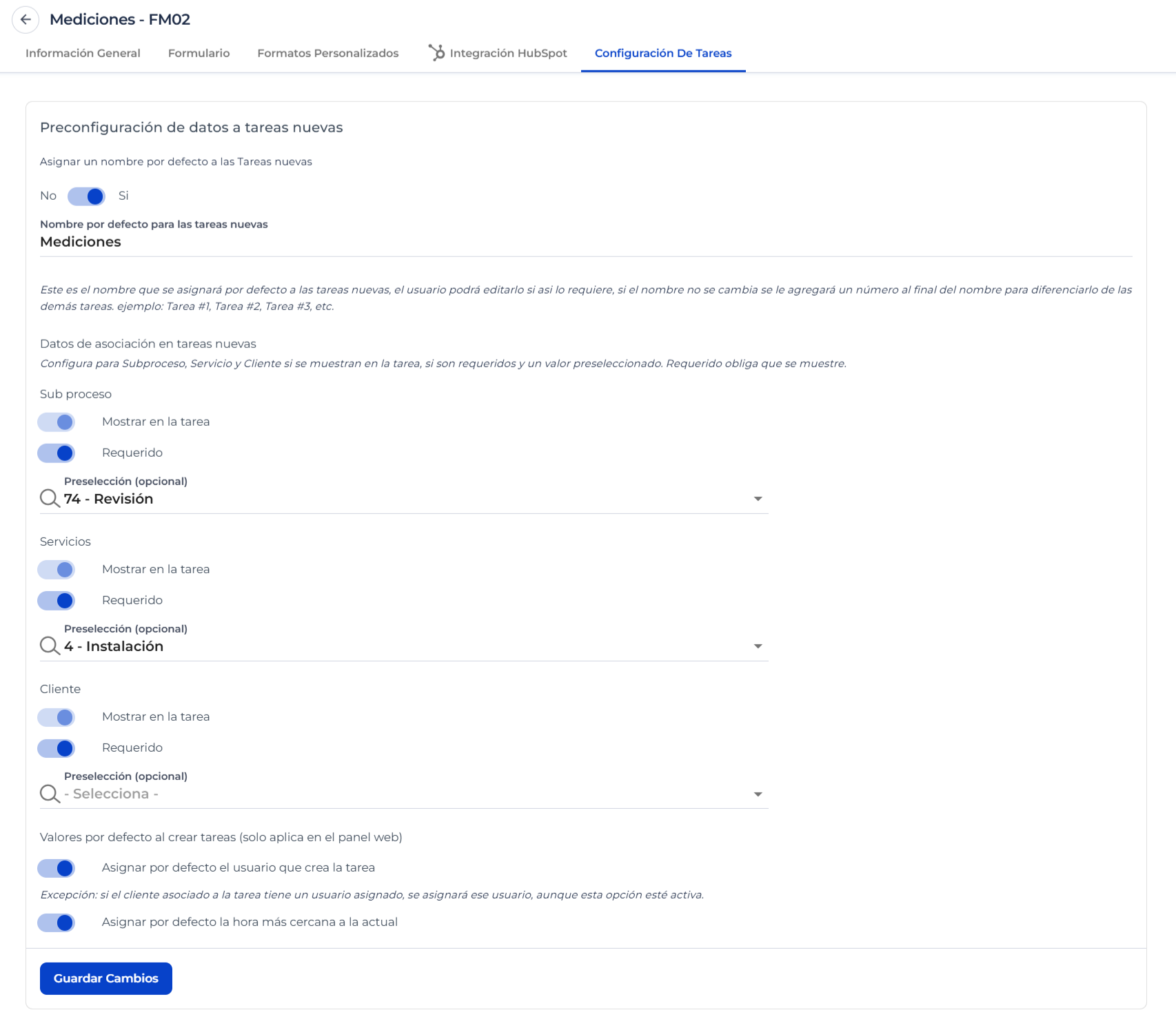 Configuración de tareas en formulario