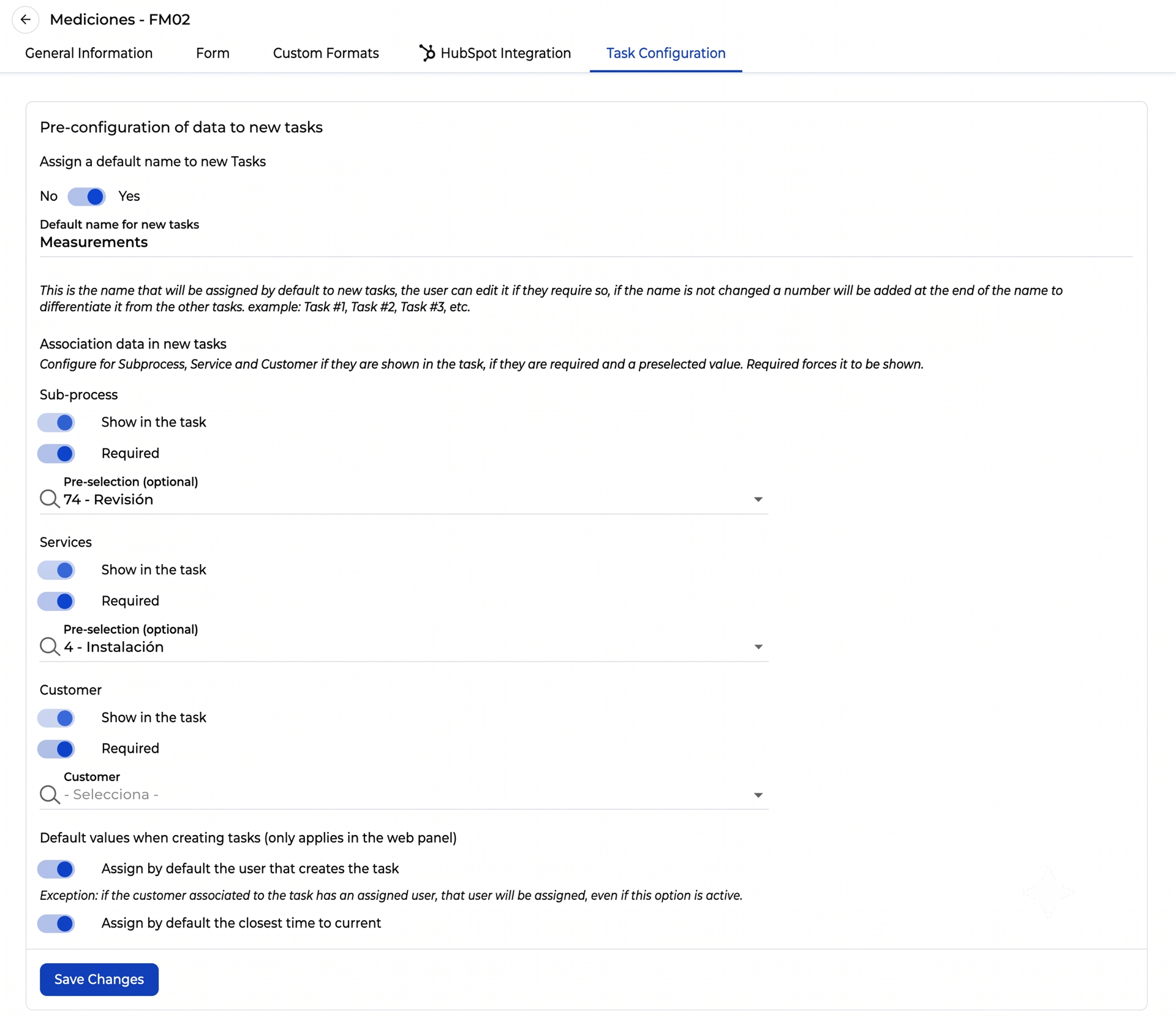 Configuración tareas desde form
