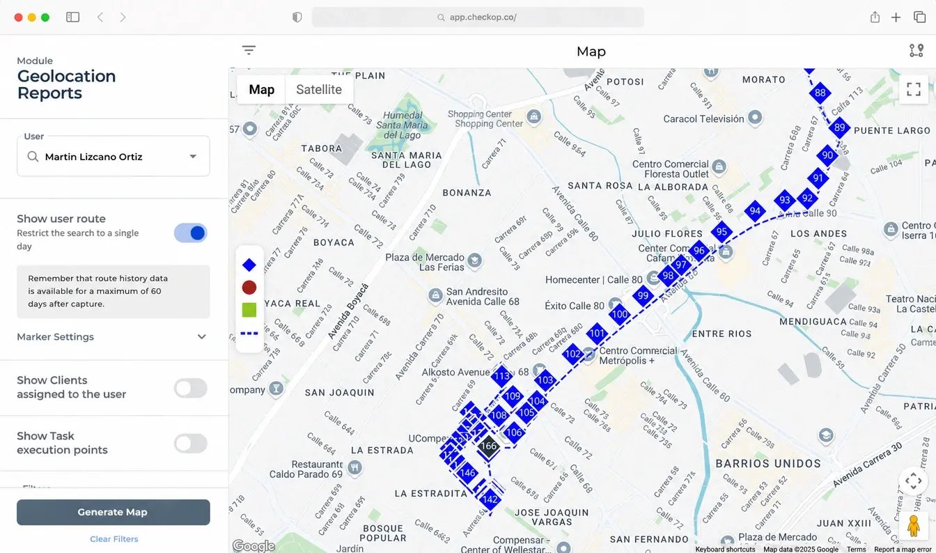Geolocation reports in CheckOp showing routes and performance of field teams