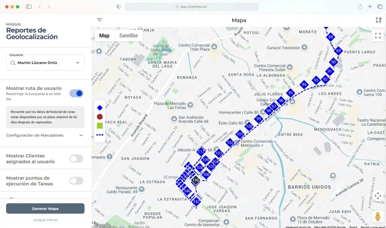Reportes de geolocalización en Checkop con visualización de recorridos y desempeño de equipos en campo