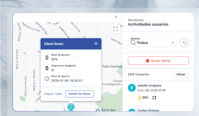 Seguimiento en tiempo real en Checkop para monitorear actividades, ubicación y estado de equipos en campo durante la ejecución de operaciones