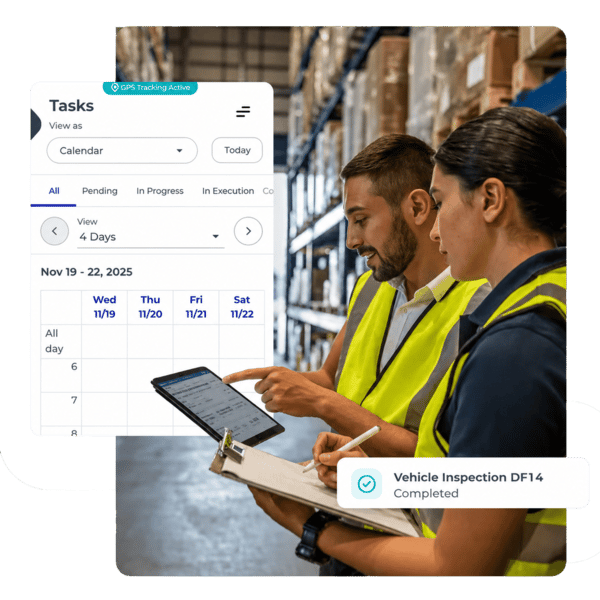 Logistics operations interface in CheckOP showing transport, distribution, and field activity tracking