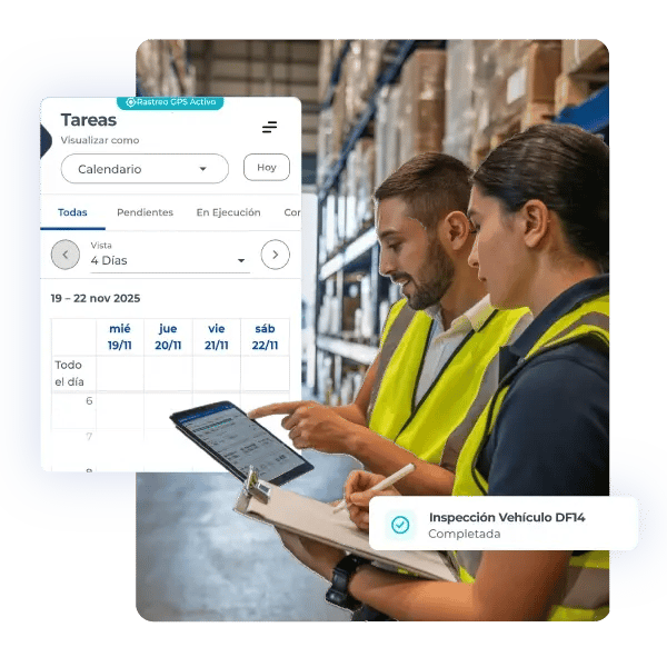 Interfaz de operaciones logísticas en CheckOp mostrando control de transporte, distribución y seguimiento de actividades en campo