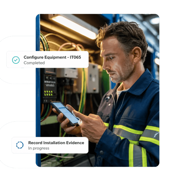Telecommunications operations interface in CheckOP showing technical service tracking and field operational control