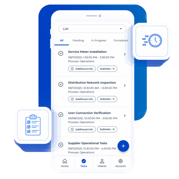 Execution of utility service operations with task management and field tracking using CheckOp