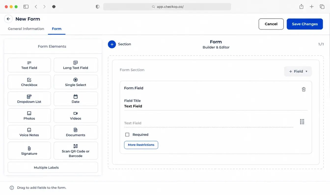 Dynamic form builder interface in CheckOp to design and configure custom forms for operational workflows