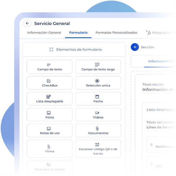 Interfaz de formularios dinámicos en Checkop para captura de datos y evidencias en operaciones en campo