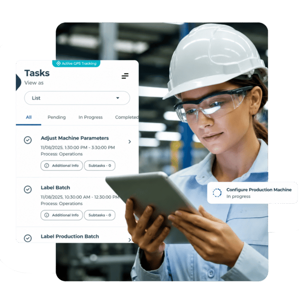 Management of manufacturing operations with process tracking and field activity control using CheckOp