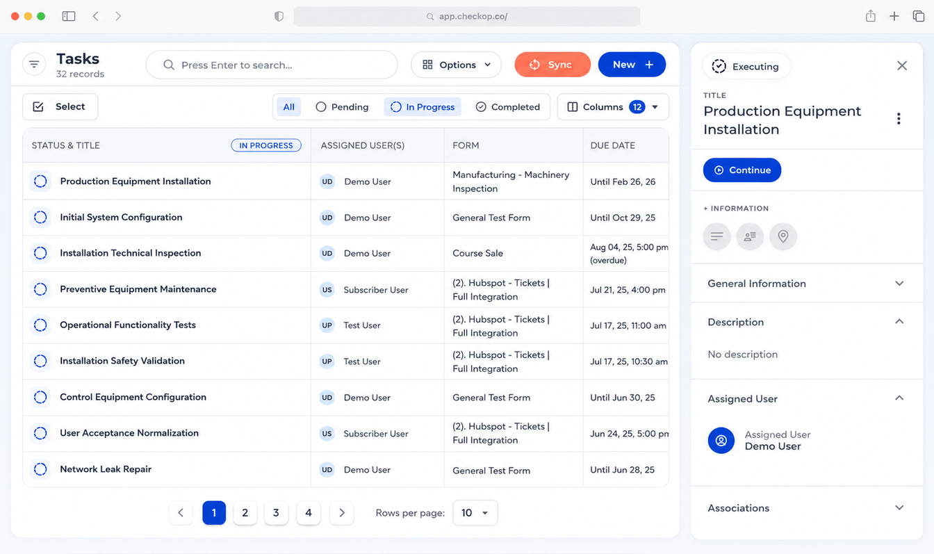 Task management overview in Checkop showing control and monitoring of field operations