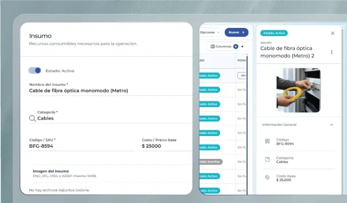 Ficha de insumo en CheckOP con foto, codigo y costo del cable de fibra optica monomodo