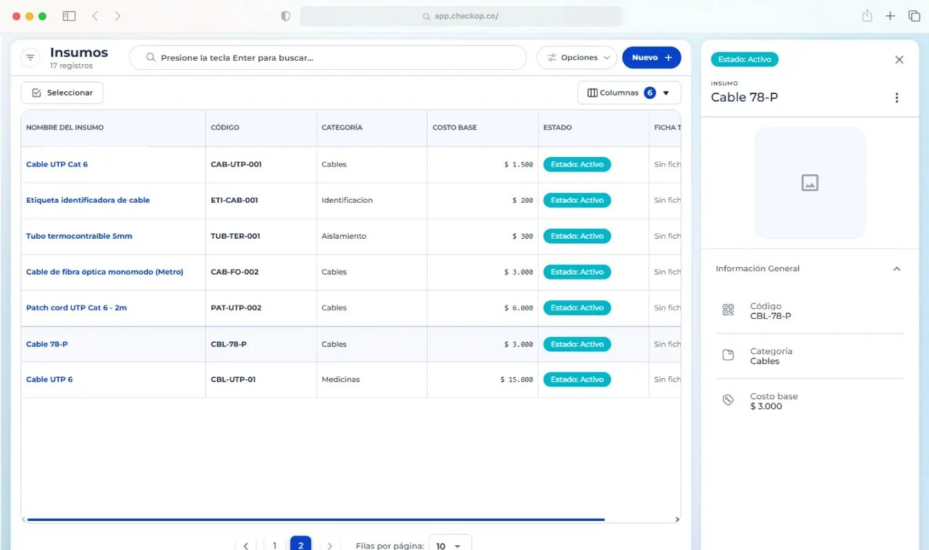 Vista completa del panel de insumos de CheckOP con la ficha de un cable seleccionado