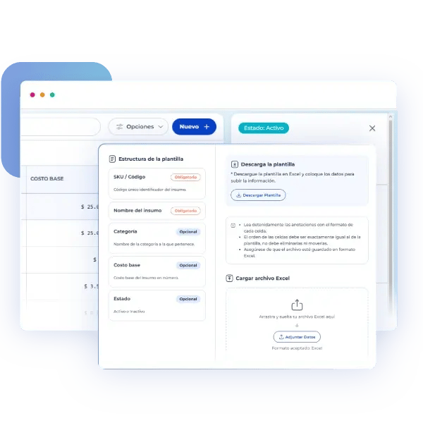 Panel de CheckOP para descargar la plantilla en Excel y cargar los datos de insumos