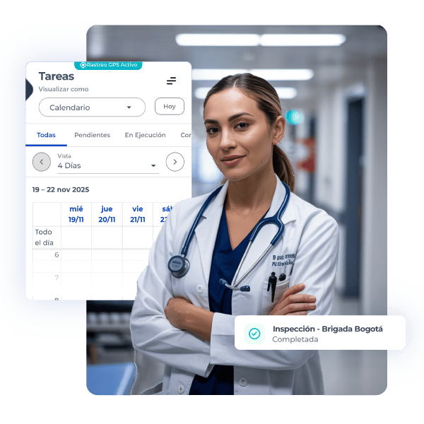 Interfaz de operaciones médicas en CheckOp mostrando seguimiento de atención, actividades y control operativo en campo