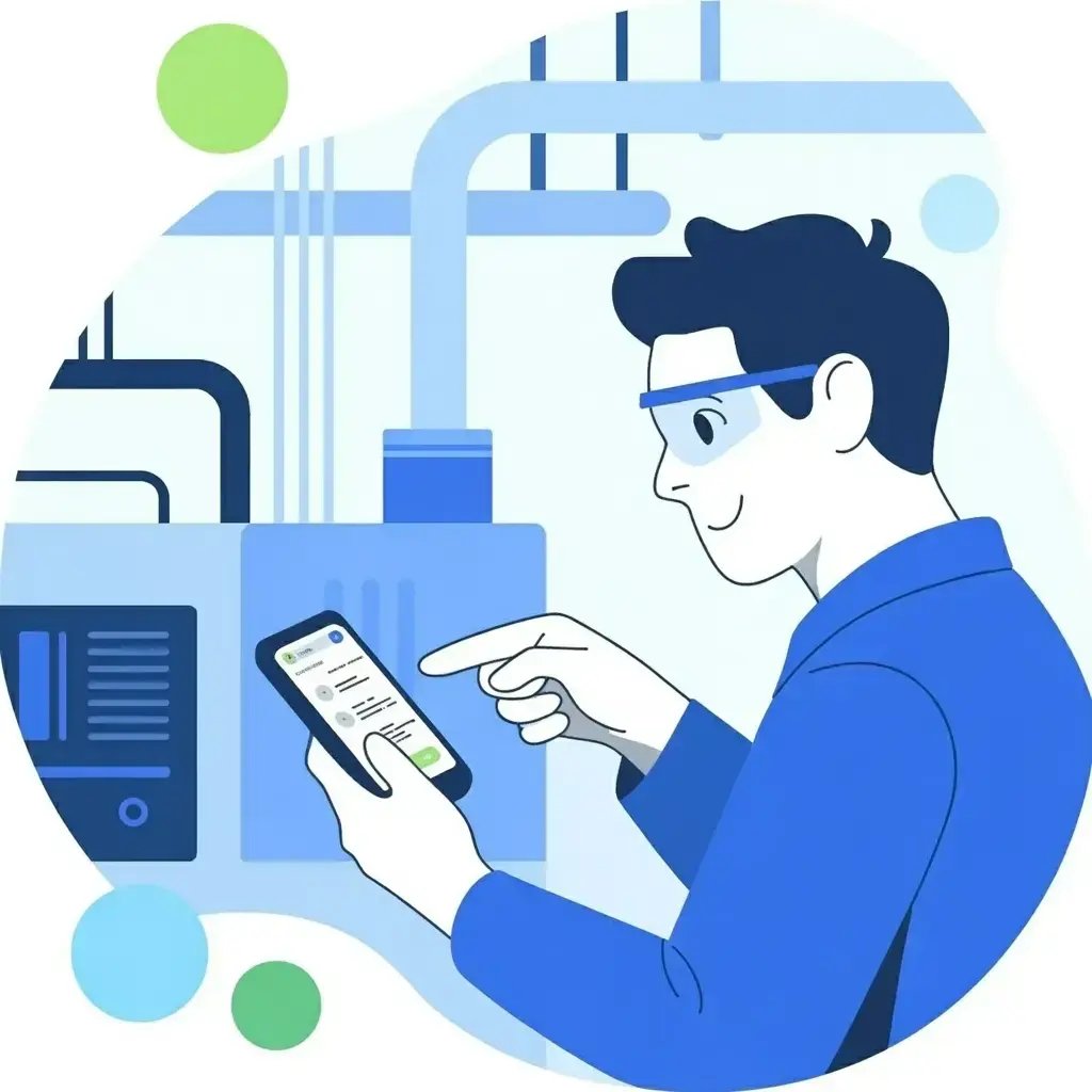 Ilustración de un operario usando un celular en una planta industrial