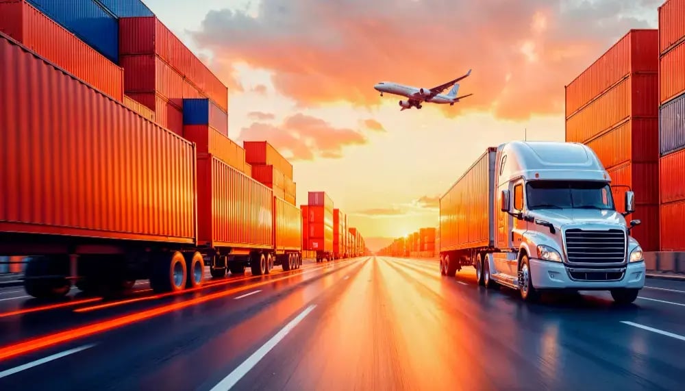 Escena de transporte logístico con camiones, contenedores y un avión al atardecer.