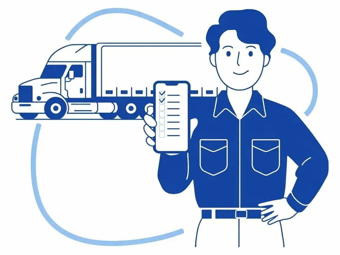Ilustración de un operario con checklist digital frente a un camión de carga.