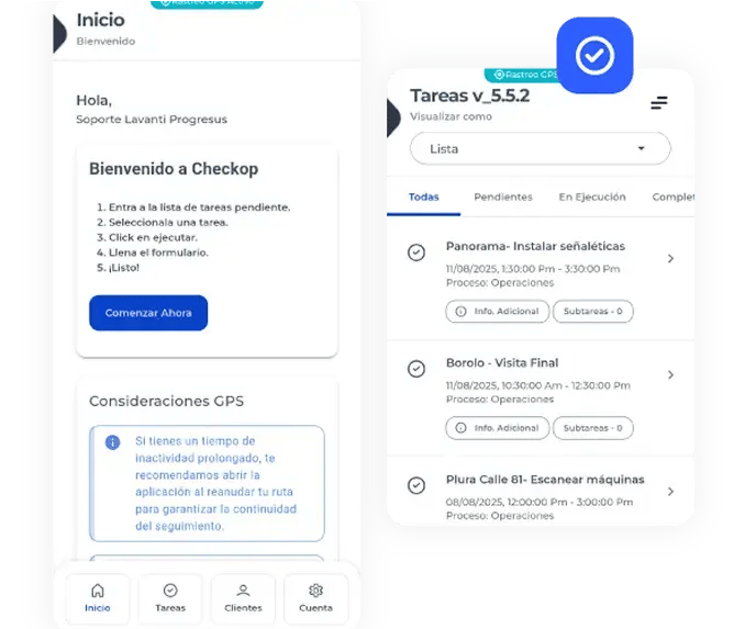 Pantallazo de Inicio y tareas en la App